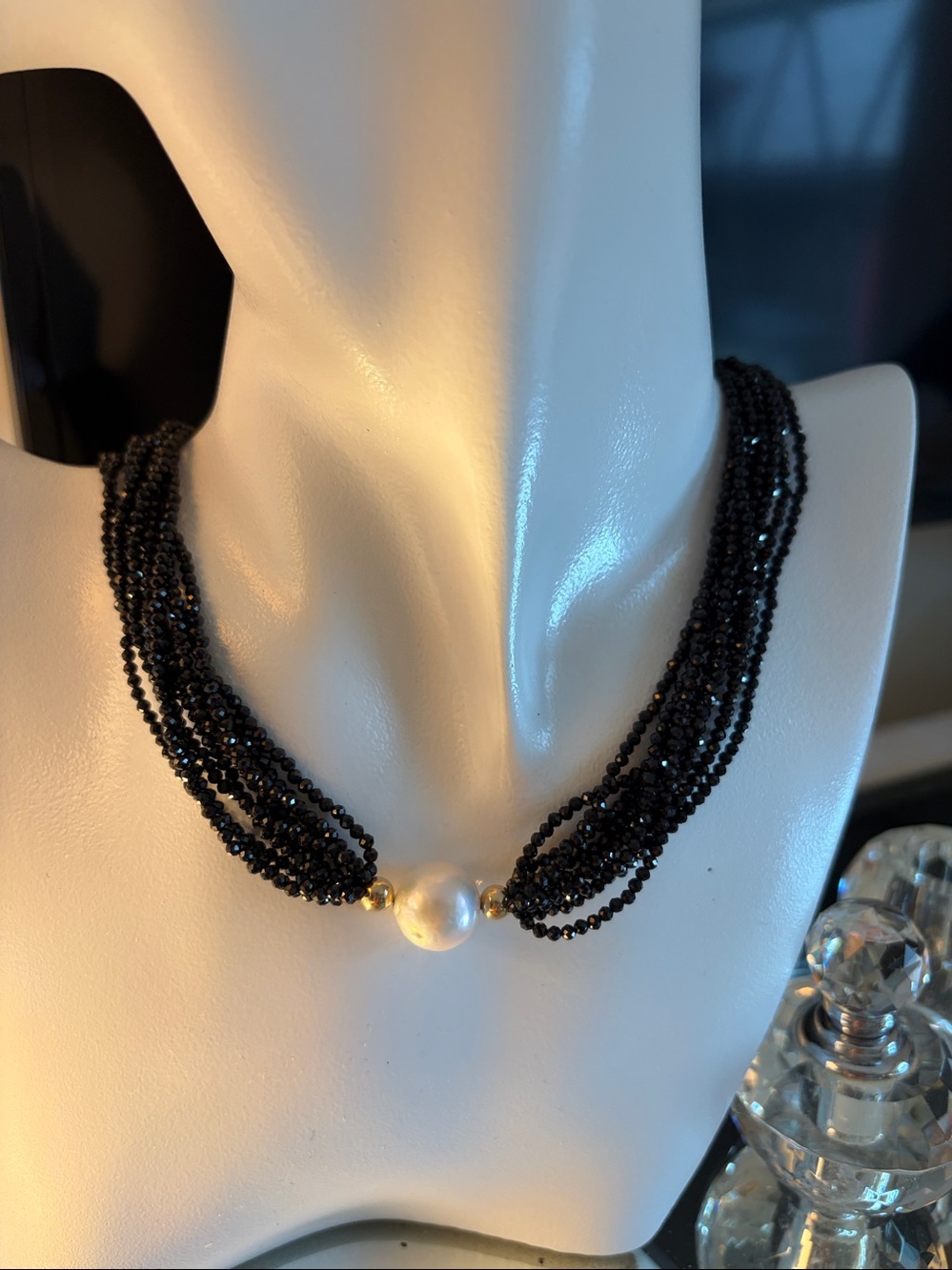 Vtg. 14k Baroque Pearl & Black Spinel Choker 14k Beads & Clasp